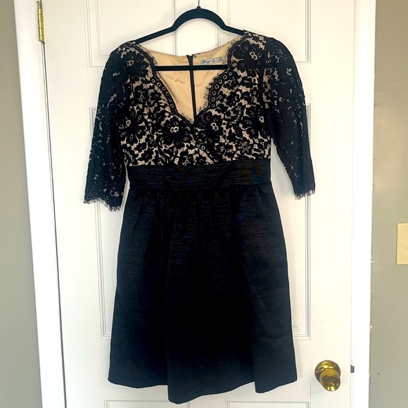 Eliza J Fit & Flare Dress Size 6P Womans Black Lace Overlay - Picture 1 of 5